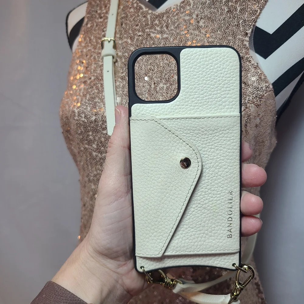Bandolier Hailey Ivory Leather With Gold Phone Case with Cross Body Strap